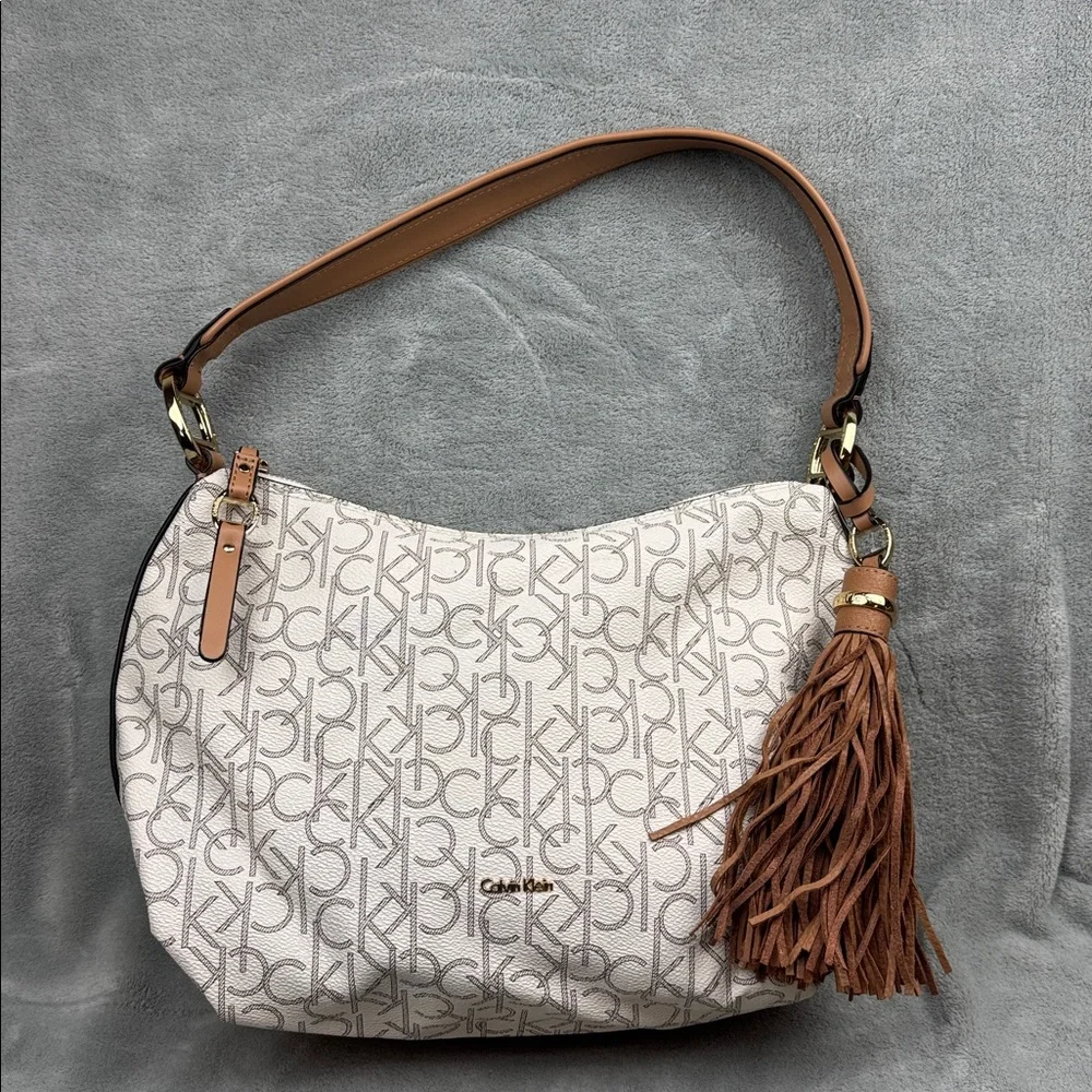 Calvin Klein Logo Print Hobo Bag in Cream and Brown